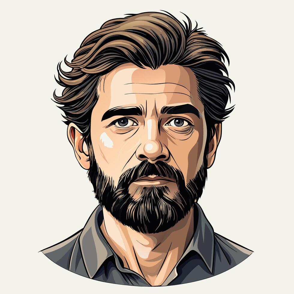 Stylish portrait illustration of a bearded man with determined expression on a cream background vector