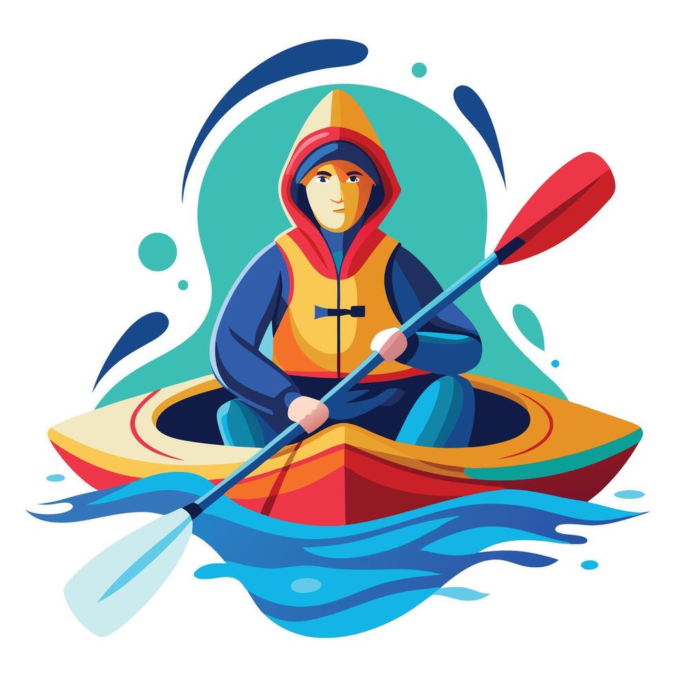 Illustration of a man kayaking on water wearing a hood and life vest vector