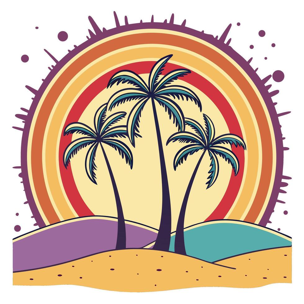 Retro tropical landscape featuring palm trees against a colorful sunset design vector