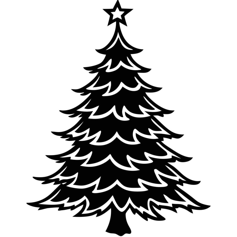 Black and white christmas tree silhouette illustration with star ornament vector