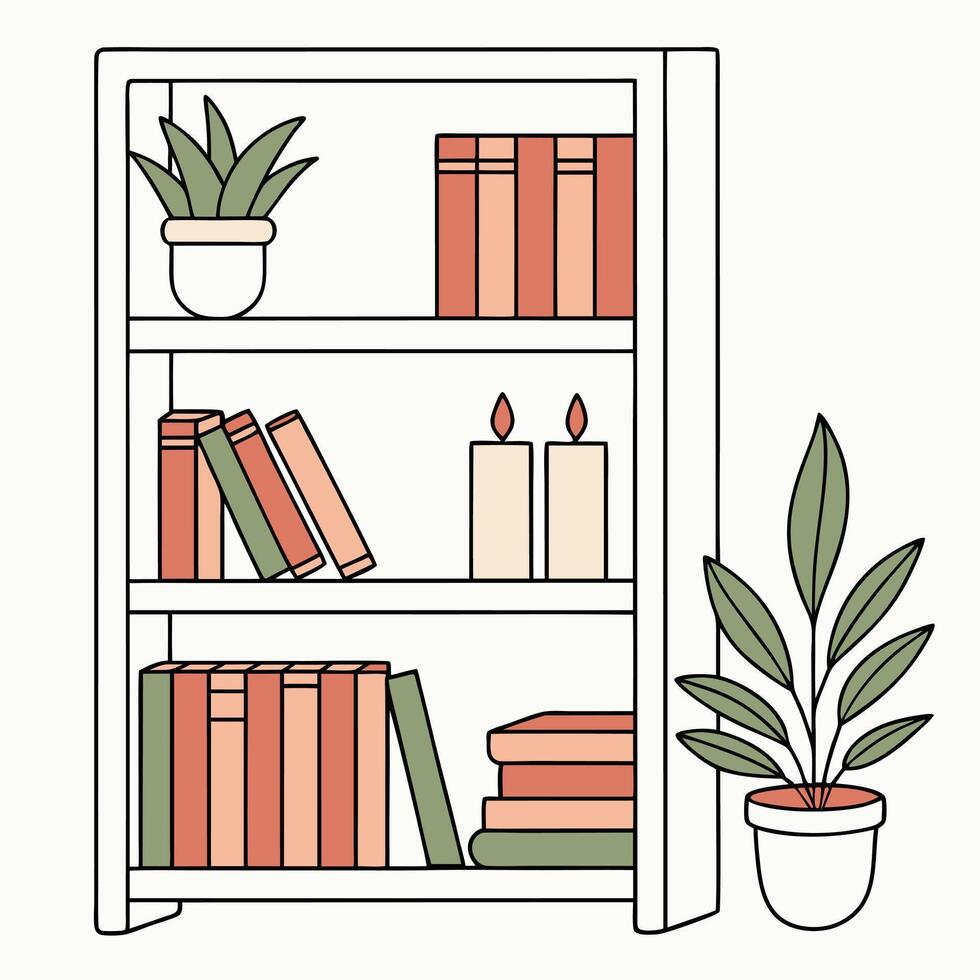 Cozy bookshelf illustration with books plants and candles in earthy tones vector