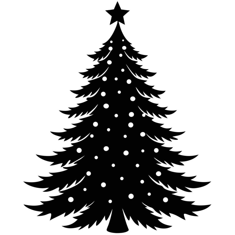 Black and white christmas tree illustration with star and decoration spots vector