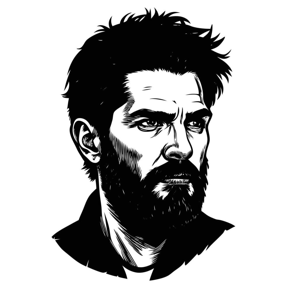 Black and white portrait of a bearded man with intense gaze illustration vector