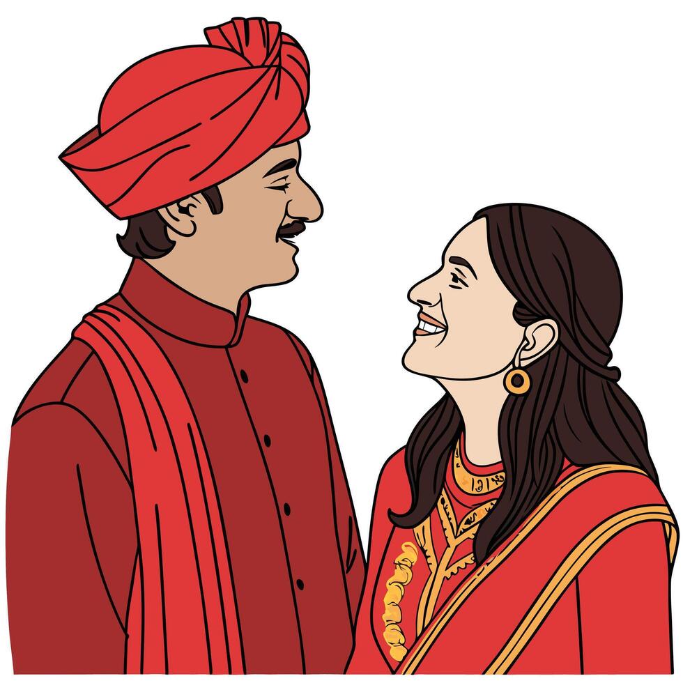 Indian wedding couple in traditional attire looking at each other with love vector