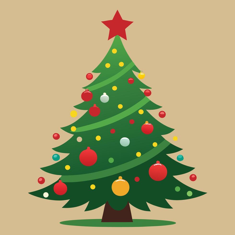 Stylized christmas tree with colorful baubles and a red star on a beige background vector