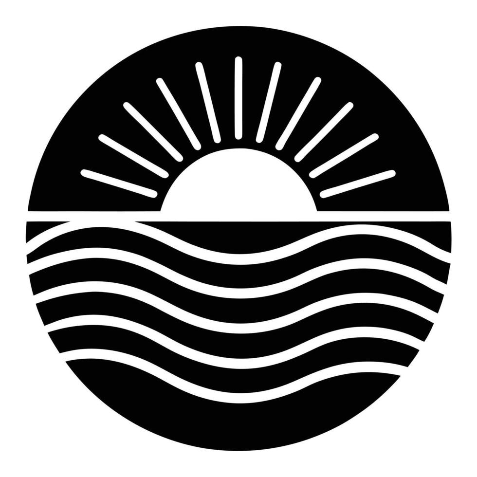 Minimalist sunset over ocean waves graphic black and white sea icon vector