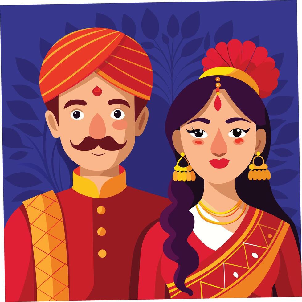 Indian wedding couple cartoon illustration celebrating tradition and culture together in red and gold vector