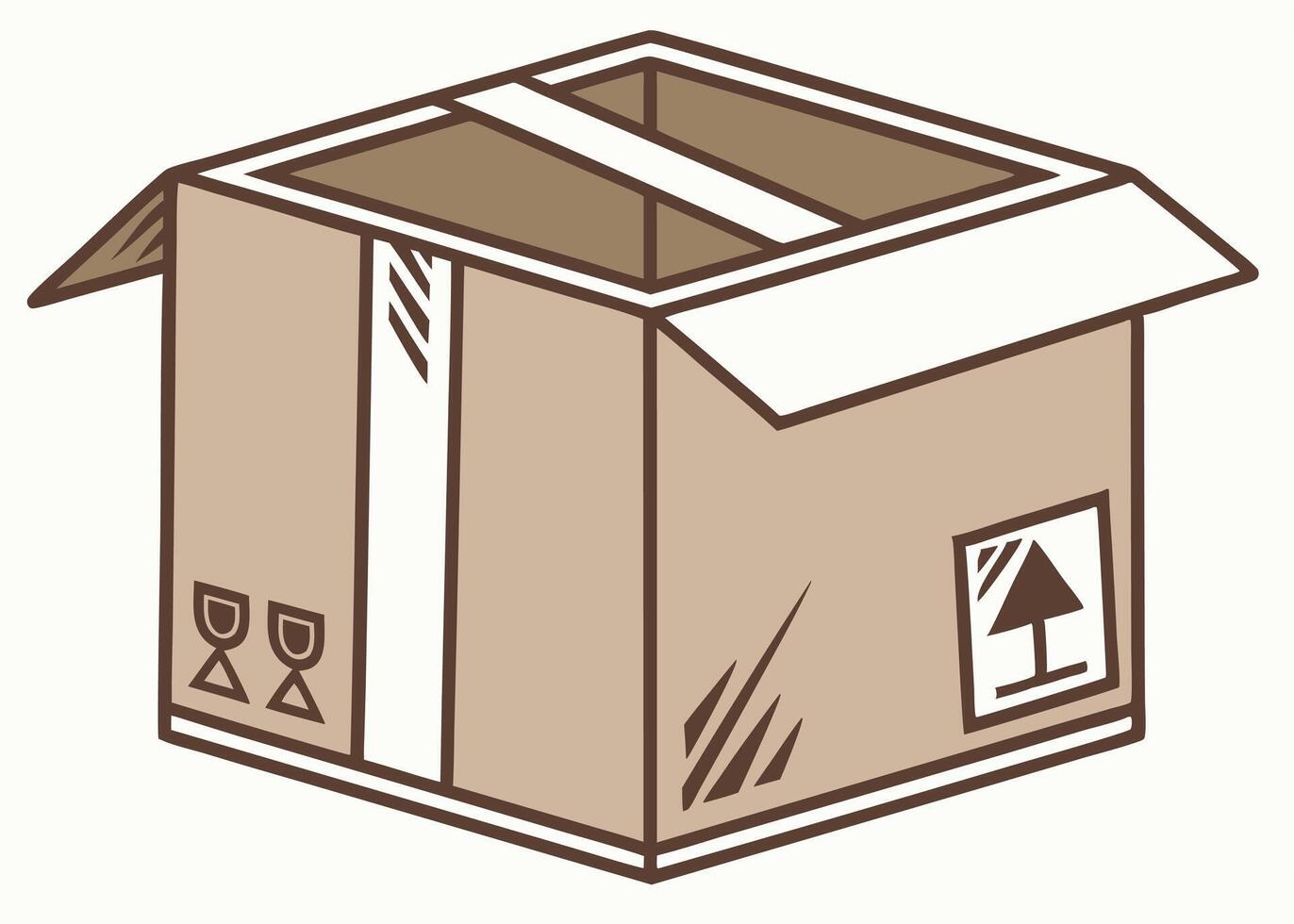 Open cardboard box illustration for packaging shipping and logistics services with handling symbols vector