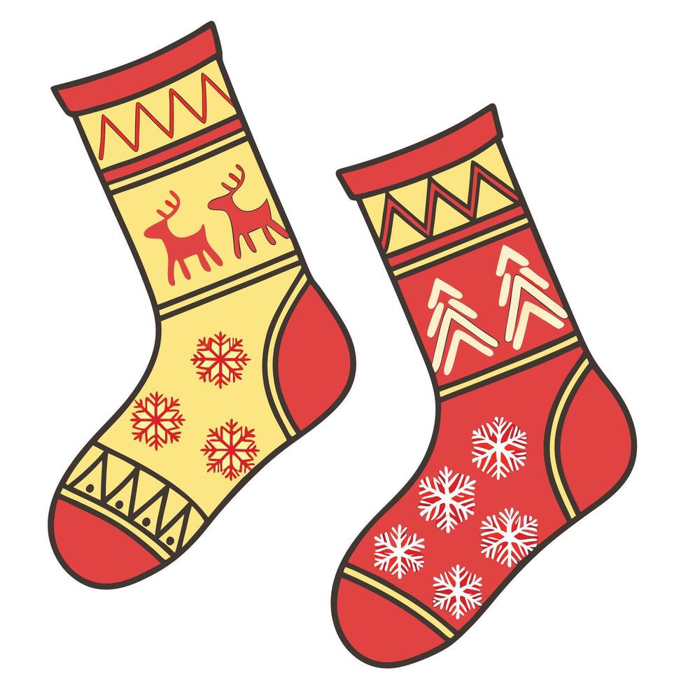 Festive holiday socks with reindeer snowflakes and geometric patterns for christmas celebrations vector