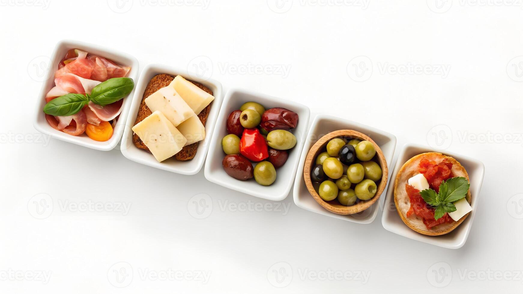 Assortment of Cheese Cubes, Olives, and Tomatoes in Small Bowls photo
