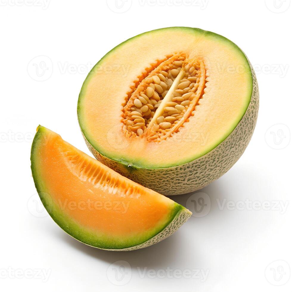 Juicy Half of Fresh Ripe Cantaloupe on White photo
