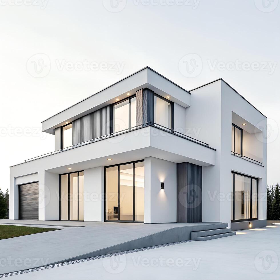 Exterior of a Modern White House with Illuminated Windows photo