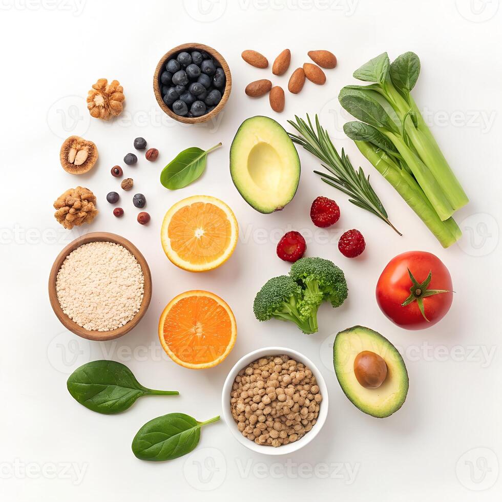 Colorful Composition of Healthy Food Ingredients Isolated photo