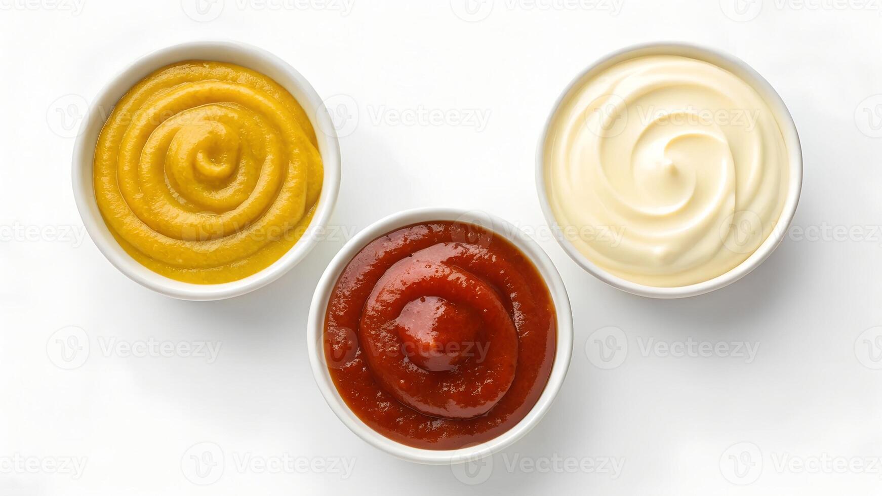 Top View of Various Sauces in Small White Bowls photo