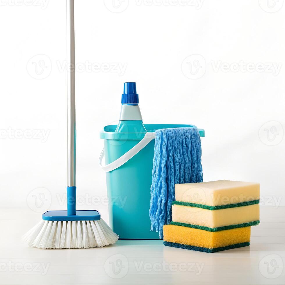 Assorted Cleaning Supplies in a Blue Bucket photo