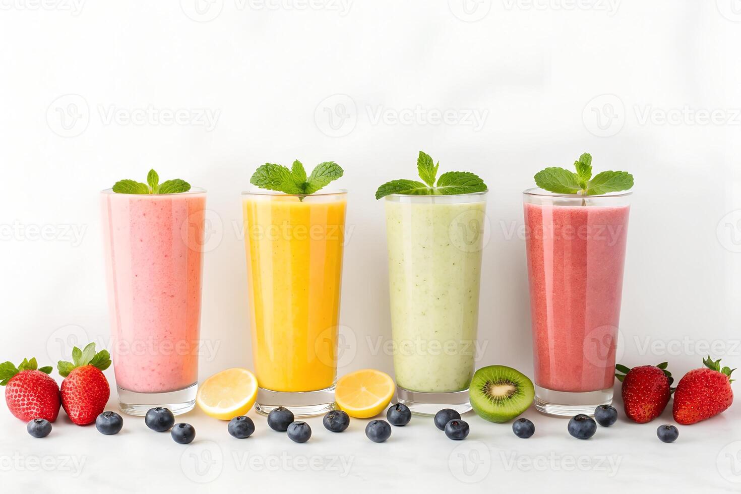 Overhead Flat Lay of Refreshing Tropical Drinks with Fruits photo