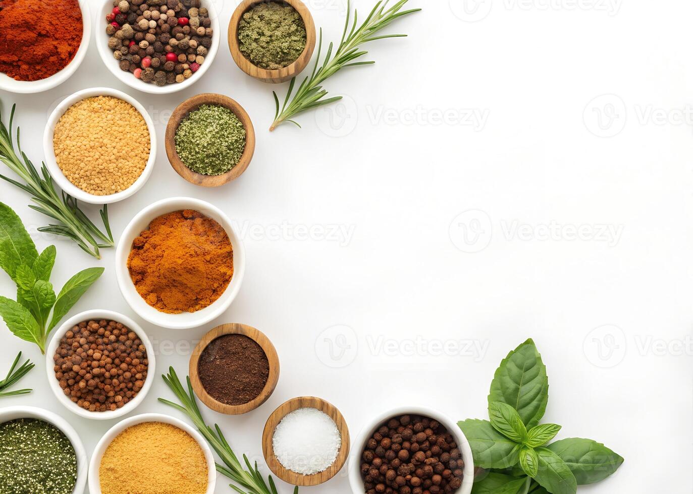 Border of Fresh Herbs and Spices on White Background photo