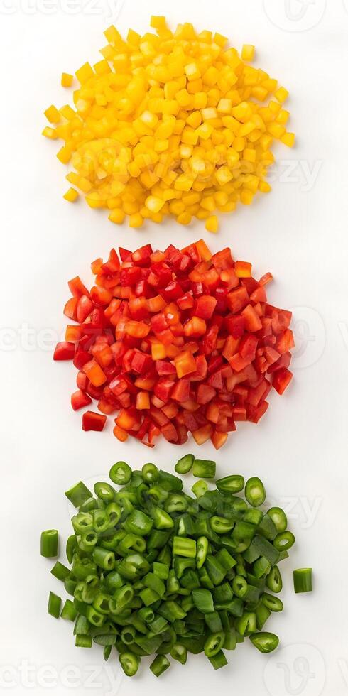 Colorful Chopped Bell Peppers on White photo