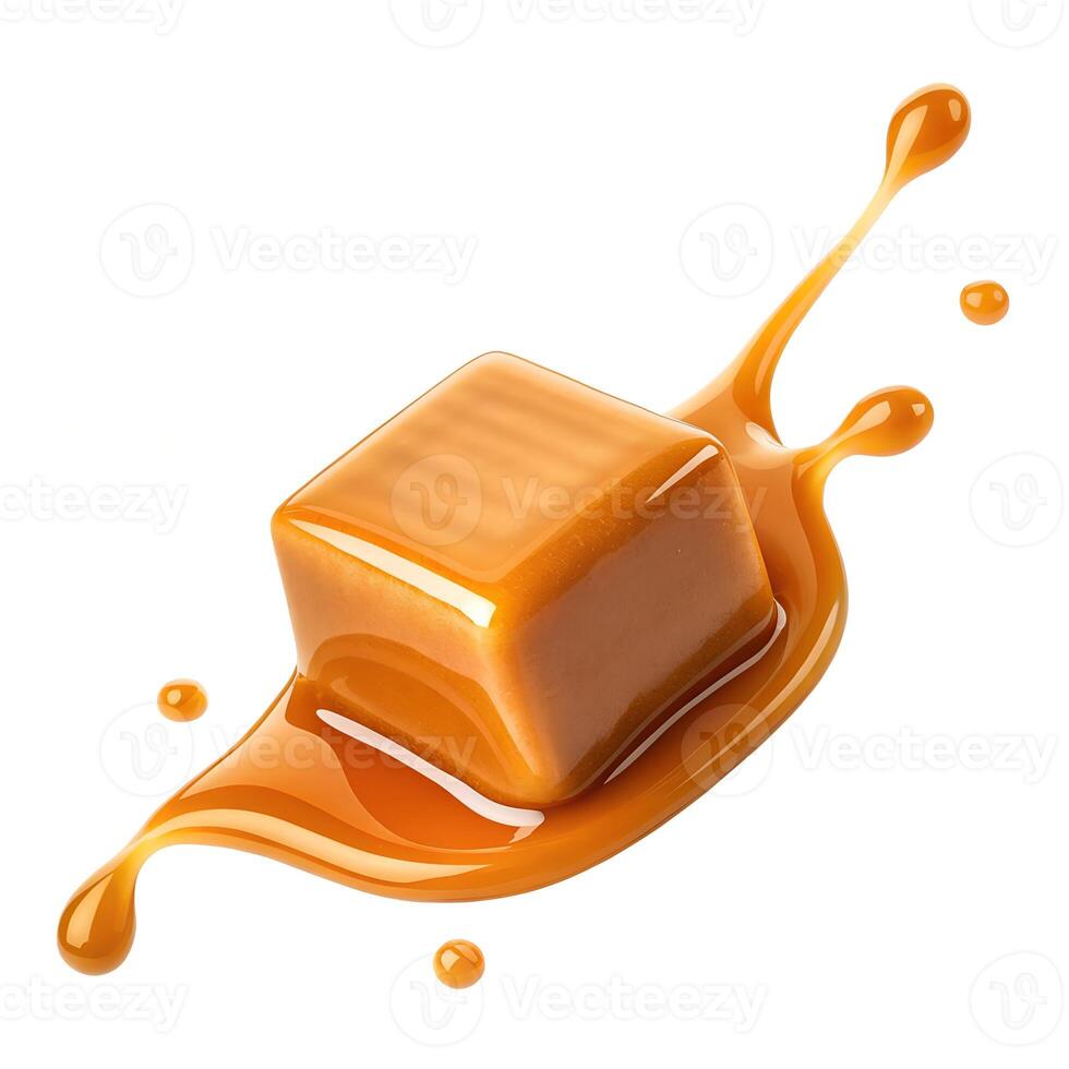 Rich Caramel Sauce Flowing Over Flying Caramel Candy photo