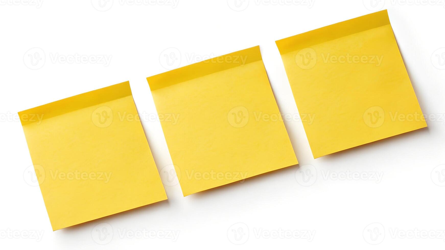 3D Three Yellow Blank Sticky Paper Sheets, Flat Lay photo