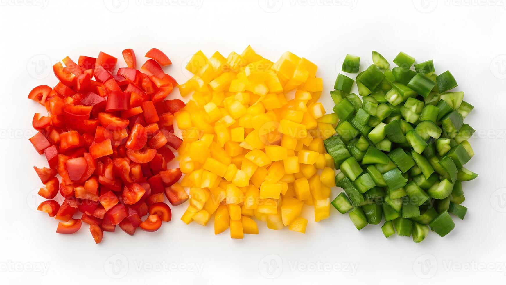 Close-Up of Chopped Red, Yellow, and Green Bell Peppers photo