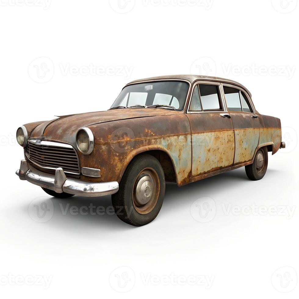 Old rusty abandoned classic car isolated on white photo