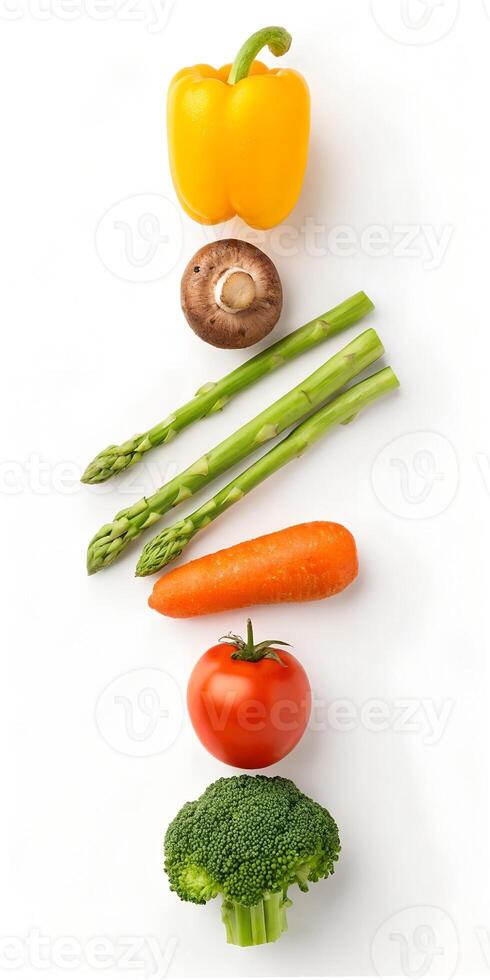 Asparagus, Carrot, Tomato, and Mushroom on White photo