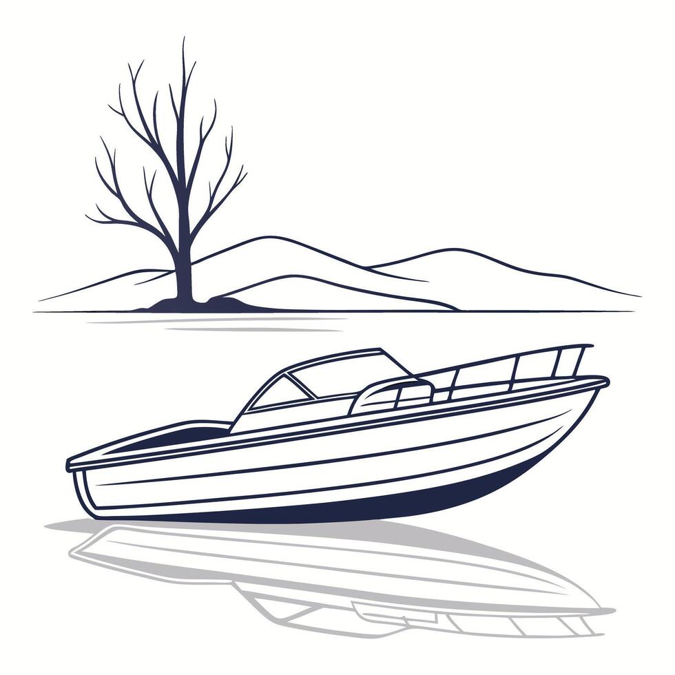 Minimalist outlined illustration of a motorboat on a lake with tree and hills vector