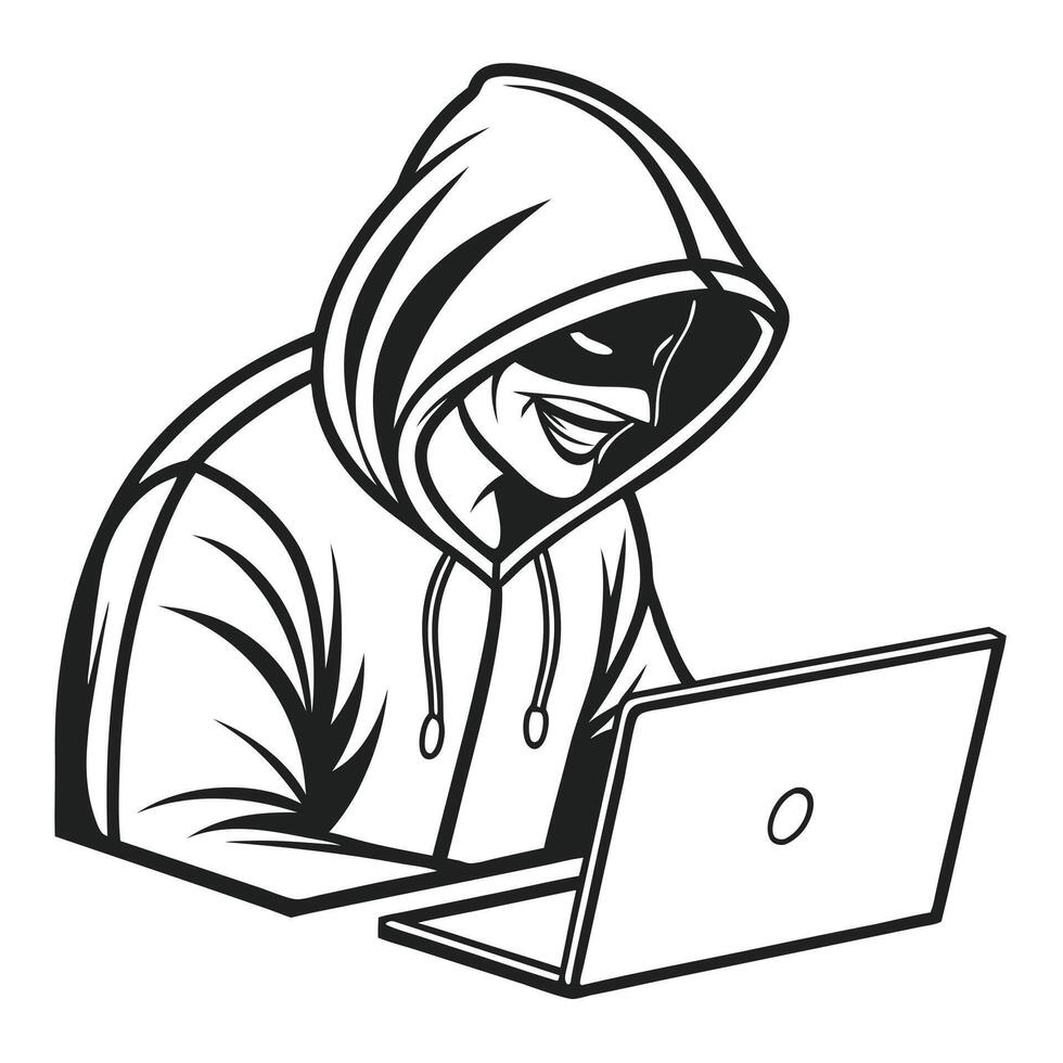 Hacker in hoodie with laptop outline design for cyber security illustrations vector