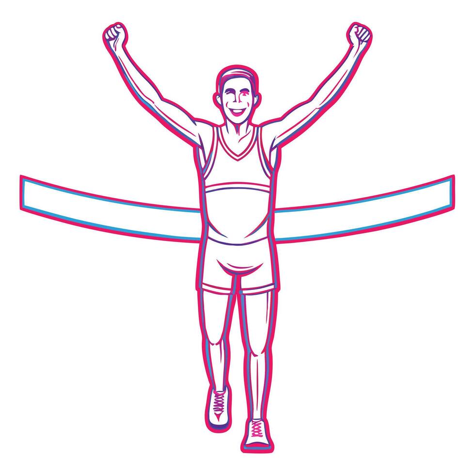 Runner crossing finish line victory illustration with arms raised and vibrant outline vector