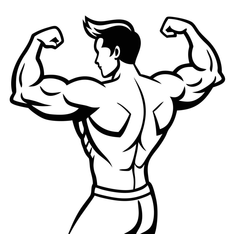 Black and white muscular man bodybuilder posing with arms flexed illustration vector