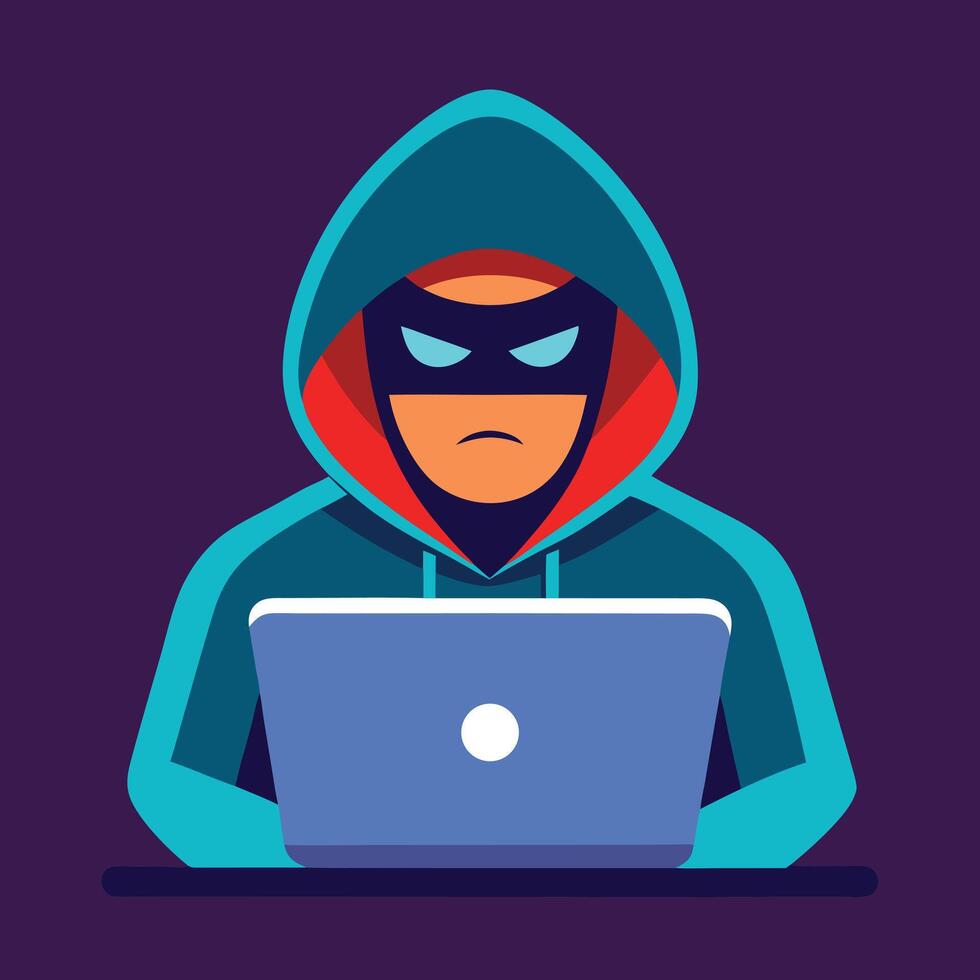 Hacker with mask and hoodie using laptop illustration cyber security concept design vector