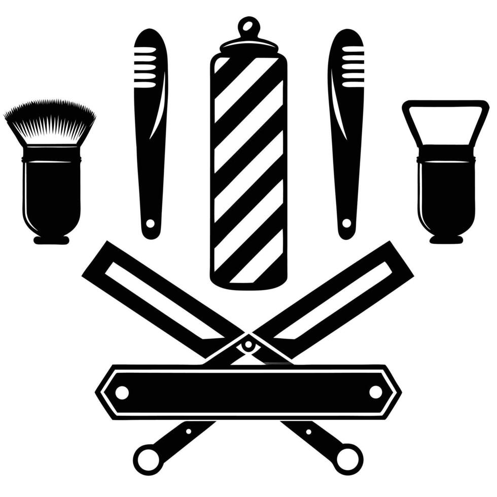 Black and white illustration of barber shop elements and tools set vector