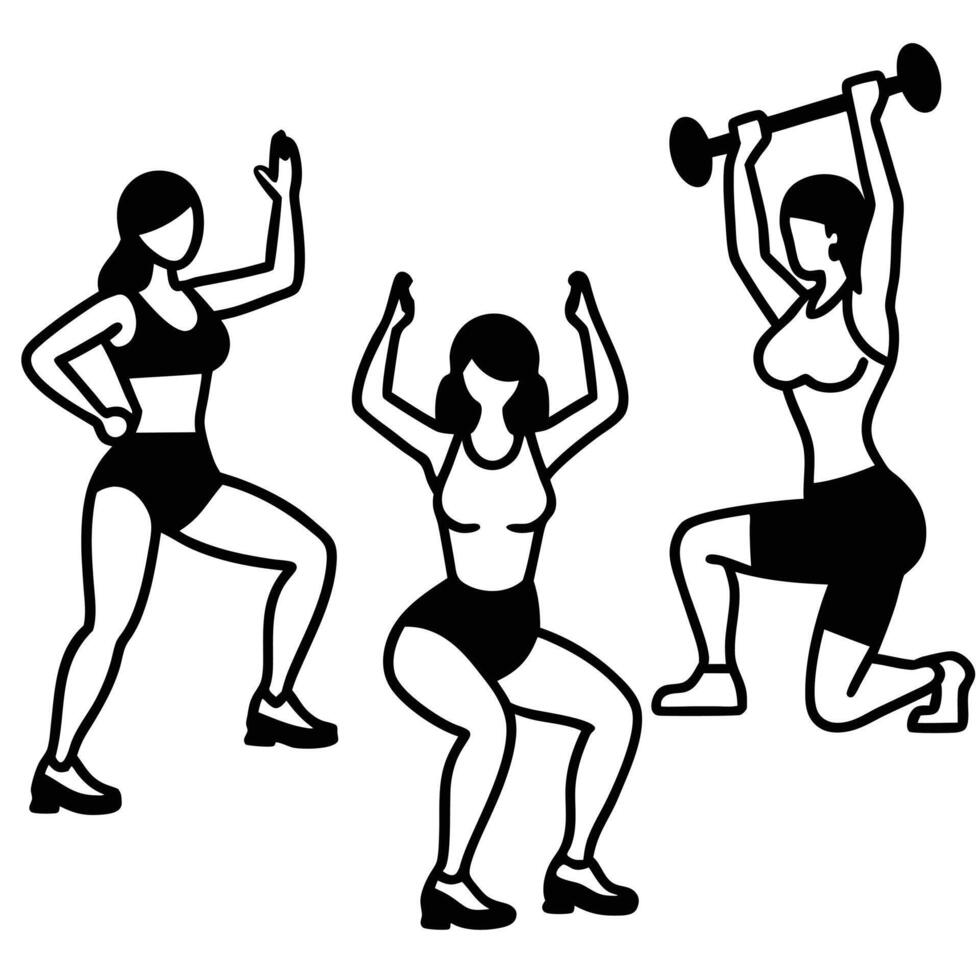 Women doing different exercises in a graphic black and white style illustration vector
