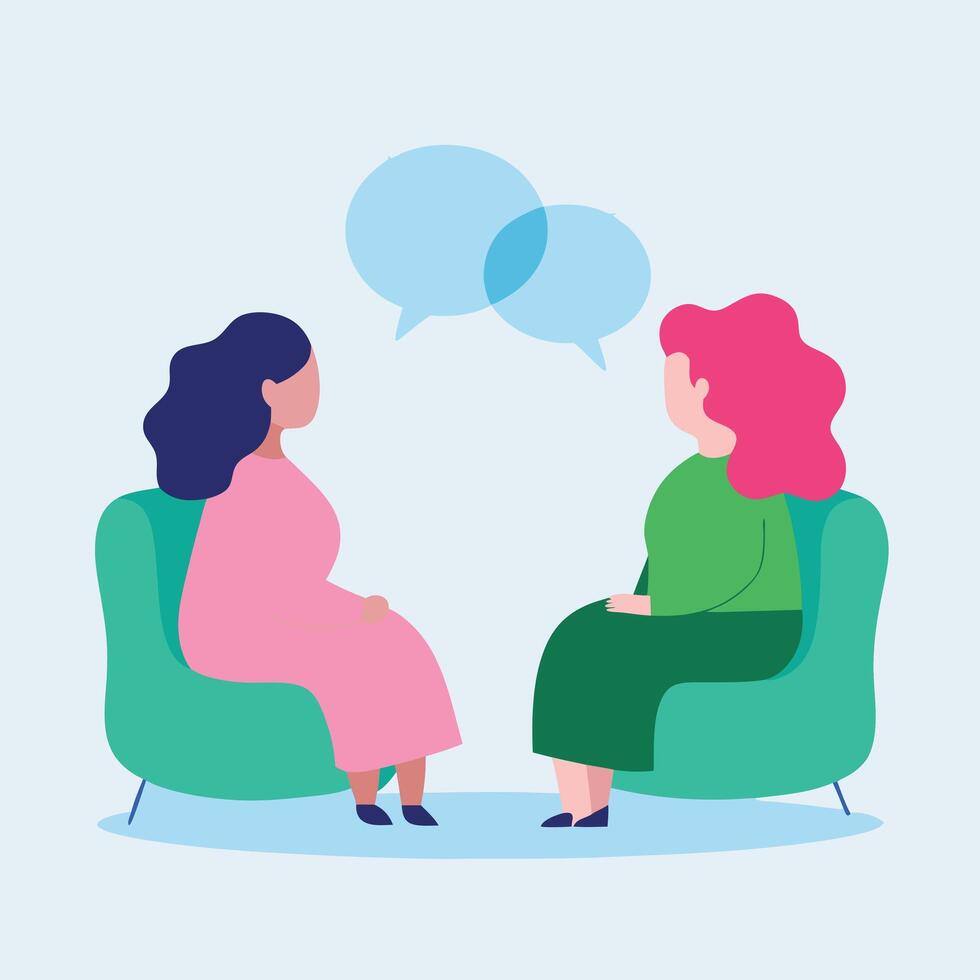 Two women in conversation during therapy session conceptual illustration vector