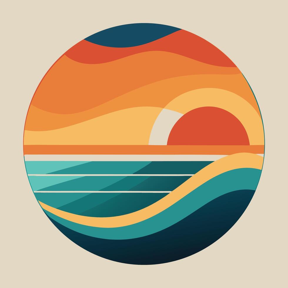 Retro sunset beach circle art with ocean waves and warm colors vector