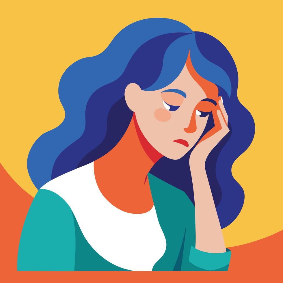 Woman experiencing headache or migraine with hand on forehead depression and mental health vector