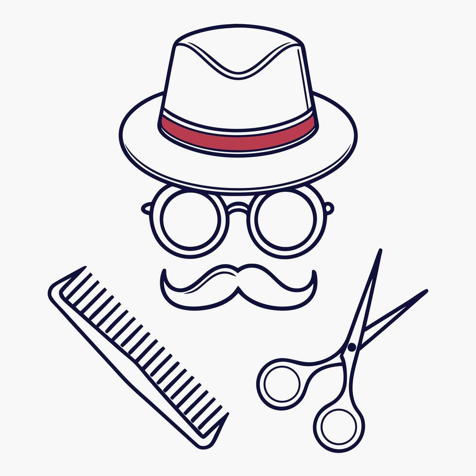 Minimalist barber shop icon set with hat glasses mustache comb and scissors vector
