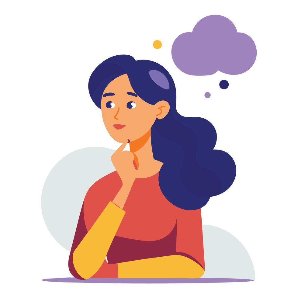 Woman character thinking with cloud symbol representing thoughts ideas and decision making vector