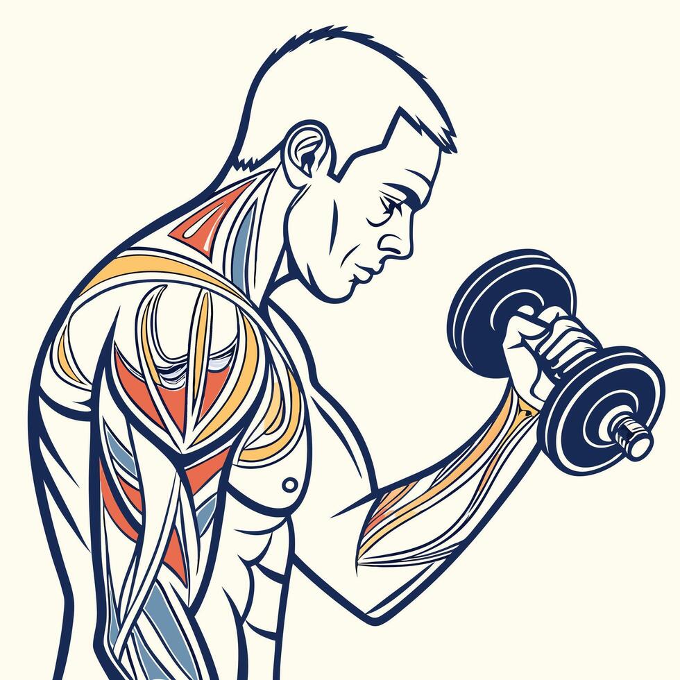 Muscular anatomy illustration of man lifting dumbbell with muscle lines showing workout vector