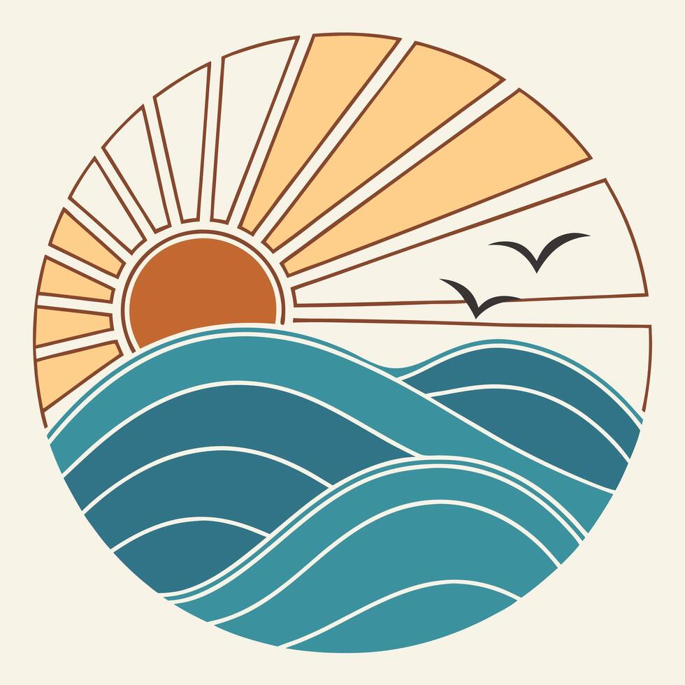 Minimalist ocean sunset illustration with birds in flight and wavy sea vector