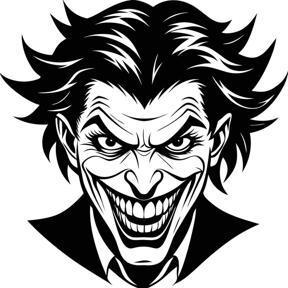 Evil clown face illustration with menacing smile in black and white vector