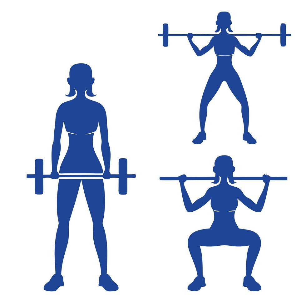 Woman workout set weightlifting routine blue silhouette isolated on white background vector