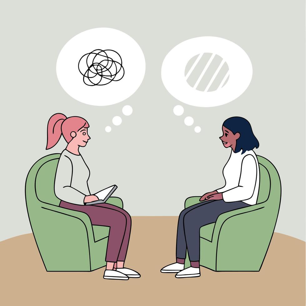 Illustration of therapy session featuring confused thought bubbles and clear perspectives vector