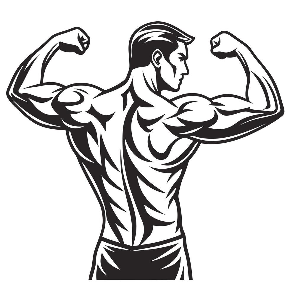 Strong muscular man posing from the back showing muscles isolated on white background vector