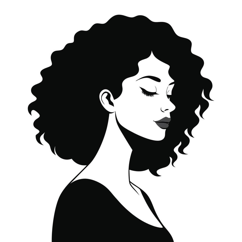 Black and white illustration of woman with curly hair in profile view vector