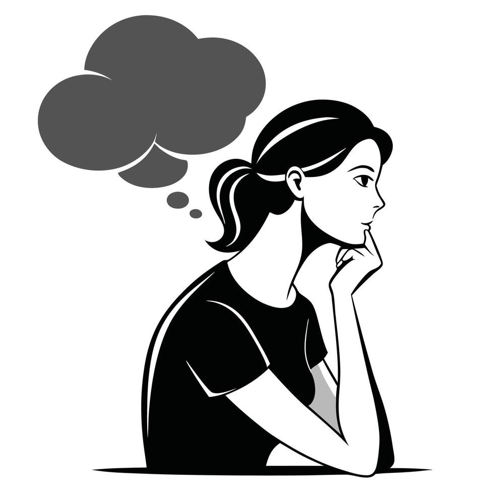 Girl with thoughtful expression and black thought cloud pondering questions in minimalist illustration vector