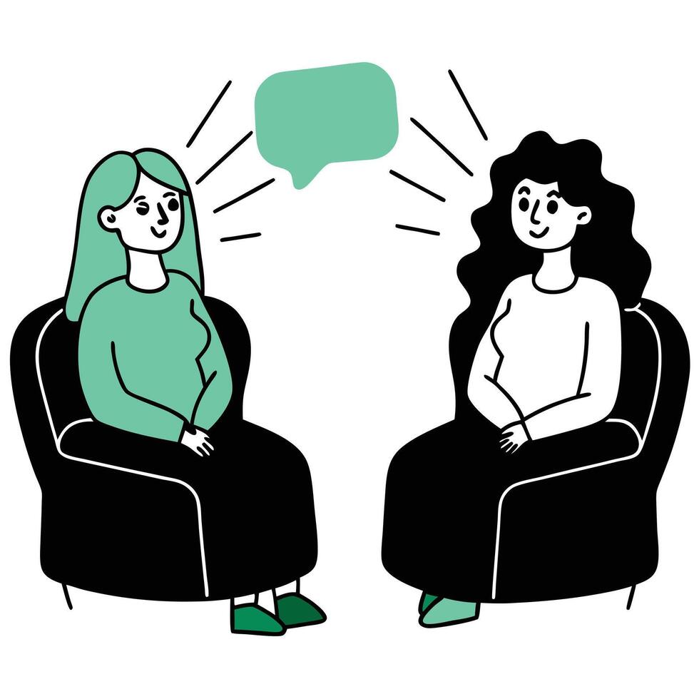Two women in therapy session communication and understanding illustration black and green vector