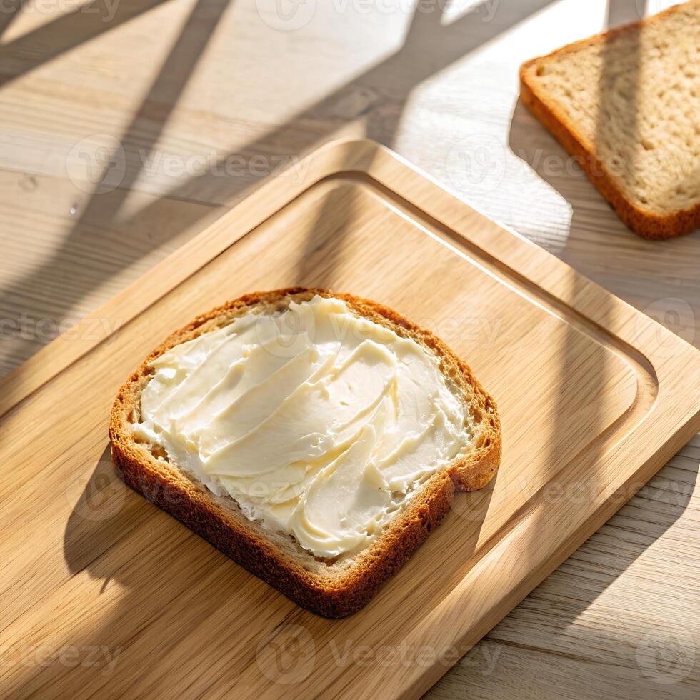 Buttered Toast on Wooden Board with Sunlight photo