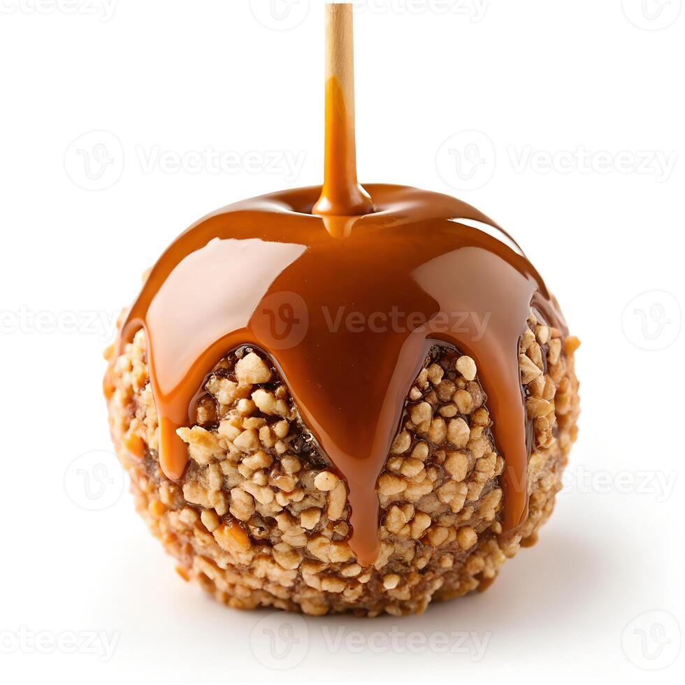 Caramel Apple with Nuts on a White Background photo